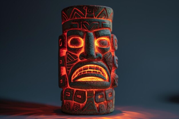 Photo illuminated tiki totem statue against a dark background