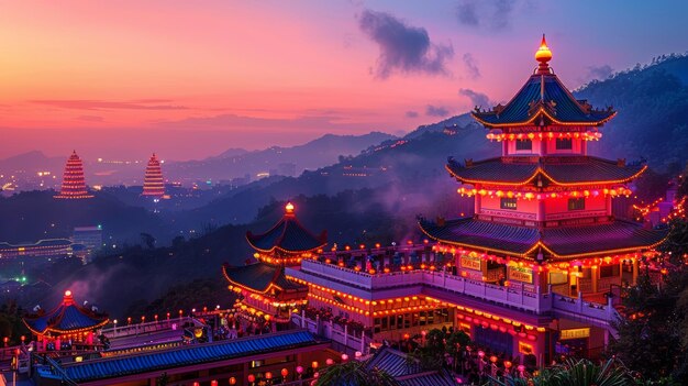 Illuminated traditional Chinese temple with pagodas at dusk in a misty mountainous landscape