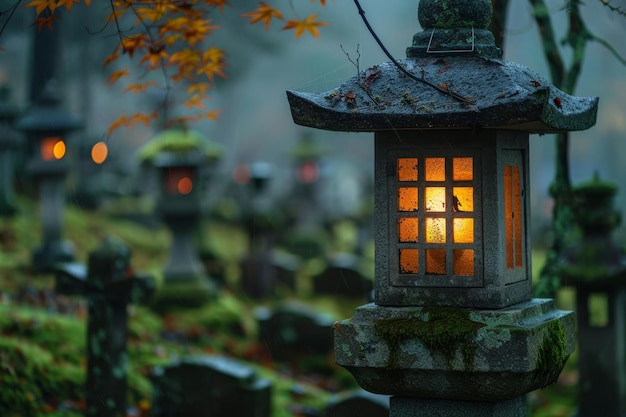 Illuminated traditional lantern in a serene cemetery