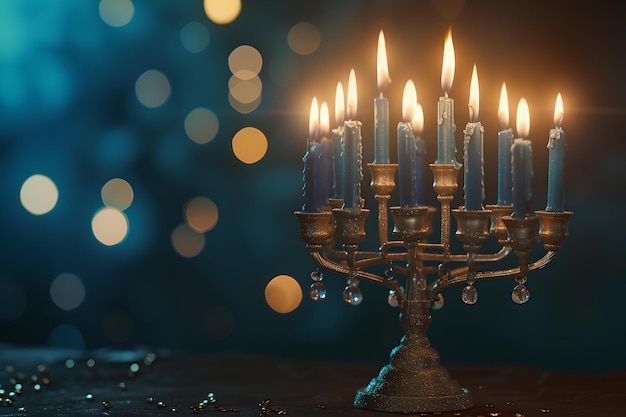 불이 켜진 전통적인 메노라, 유대인 휴일 상징, 배경에 따뜻한 보케 조명, 우아한 종교 유물