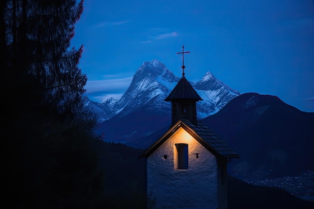 Illuminated Traditions the Kirchleitn Chapel and Watzmann Mountain at Evening in Bavaria Germany