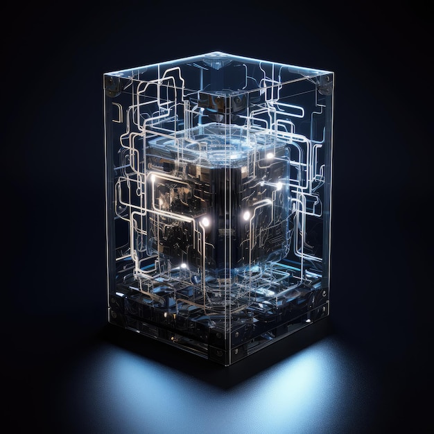 デジタル回路を展示する照明付きの透明な立方体