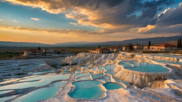 Foto terrazze di travertino illuminate al crepuscolo a pamukkale, in turchia