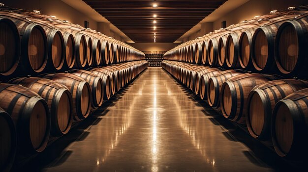 An illuminated tunnel with rows of wine barrels lined up