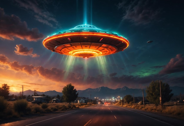 Illuminated ufo over a landscape Generative AI