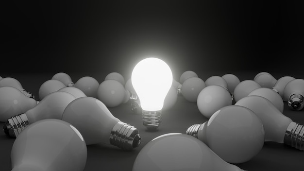 illuminated upright bulb among inactive bulbs
