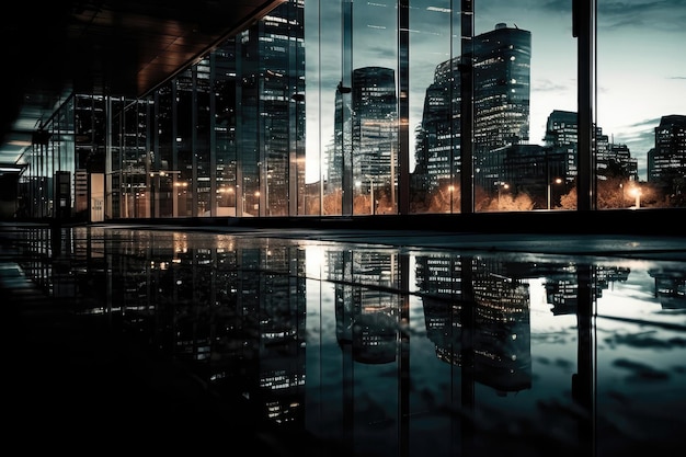 Illuminated Urban Landscape Reflecting In Glassy Surface Generative AI