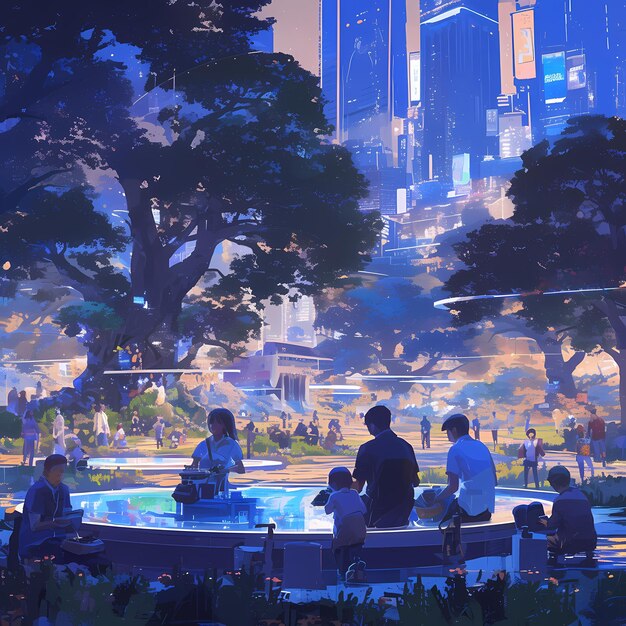 Photo illuminated urban oasis relaxing nighttime gathering in a city park with bioluminescent trees