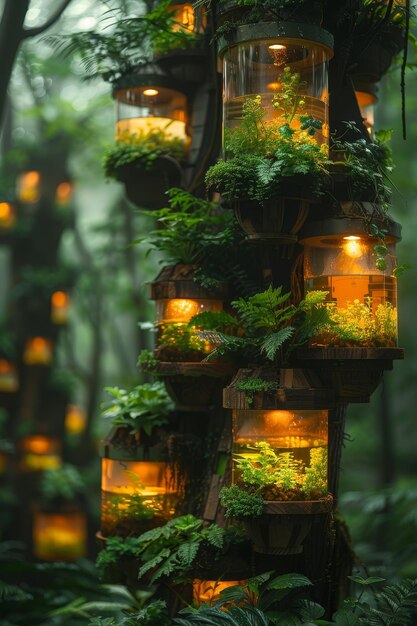 Illuminated Vertical Garden Towers in Lush Forest Setting