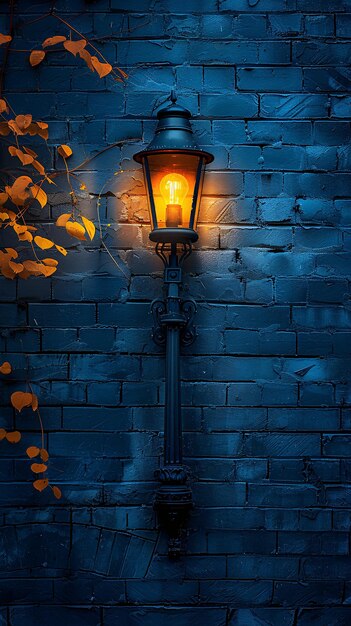 Foto lampada stradale d'epoca illuminata su un muro di mattoni blu di notte