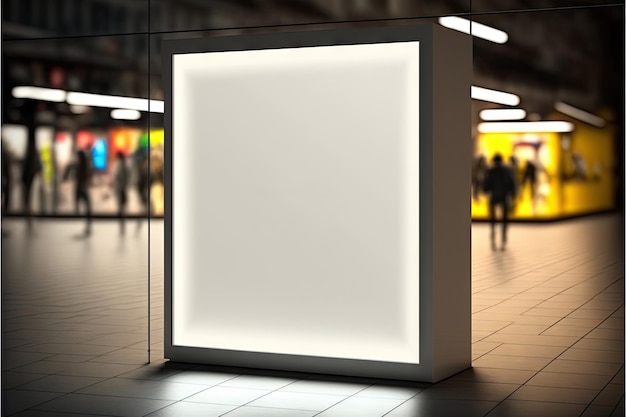 Illuminated white blank lightbox mockup in busy shopping area