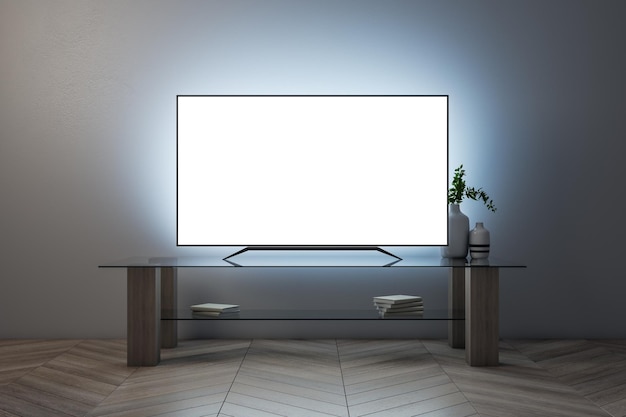 コンクリートの壁の背景に家具が付いた照らされた白いテレビ画面テレビのコンセプト 3 D レンダリングをモックアップします。