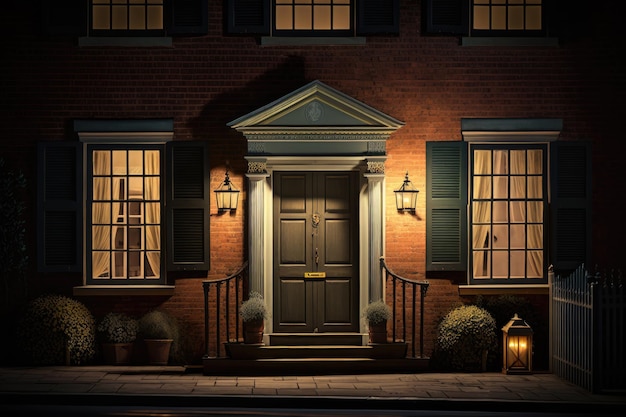 Illuminated windows and door of a house exterior of a classic house at night