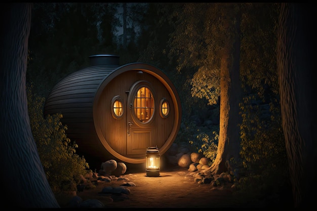 Illuminated wooden barrel sauna in night forest