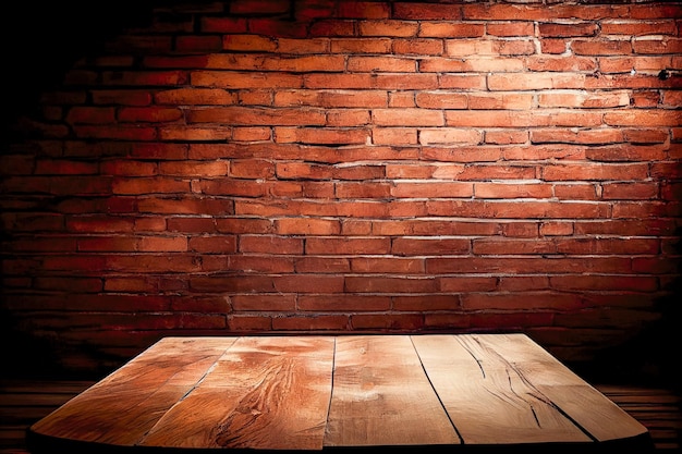 Illuminated wooden table against a red brick wall Generative AI Generative AI