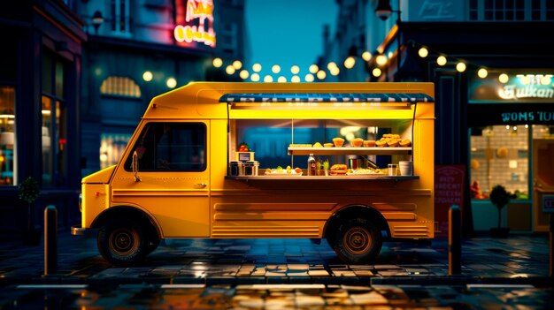 Photo illuminated yellow food truck on cobblestone street at twilight