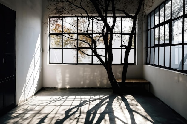 影を照らす 窓からの黒い影を 抽象的な光で覆った 白いテクスチャの壁の建築 太陽の光で 窓の反射のテクスチャ