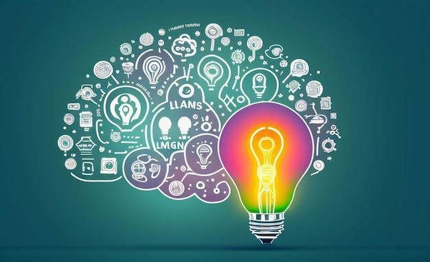 Освещение делового творчества Мозг и лампочки Концепции на цветном фоне