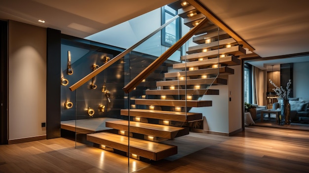 세련된 계단 조명으로 현대적인 목조 계단의 안전과 아름다움을 향상시니다.