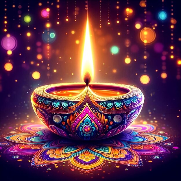 illuminating happy diwali colorful indian traditional lit floral diya and blurred lights background