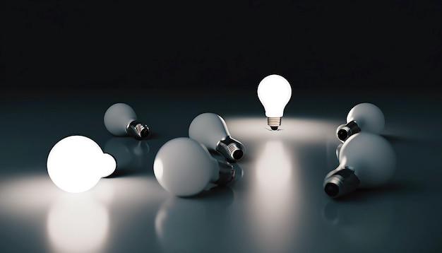 Освещение инноваций Светящаяся лампочка среди выключенных лампочек в темноте, искрящаяся креативная