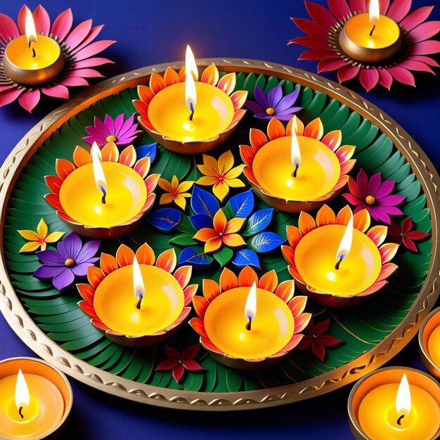 Photo illuminating navratri and diwali with vibrant floral diyas and lights for a festive celebration