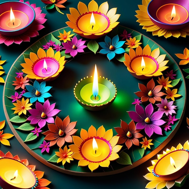 Illuminating Navratri and Diwali with Vibrant Floral Diyas and Lights for a Festive Celebration