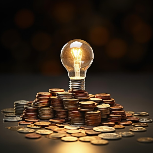 Illuminating Wealth Light Bulb and Stack of Coins