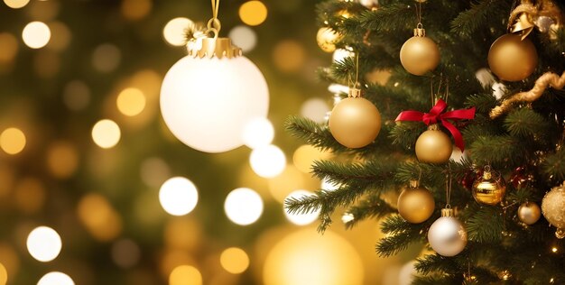 Illumination blurred background on Christmas tree an golden ornaments