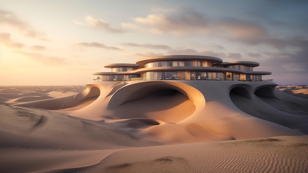 An illusion distorts a futuristic hotel in a desert setting