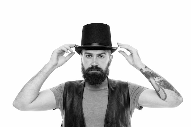 Illusionist performance concept Magician sorcerer genie performance Circus worker Circus magic trick performance Let performance begin Let me show some magic Man bearded hipster cylinder hat