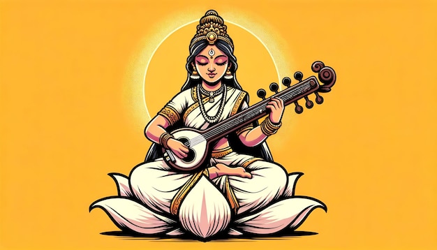 Foto illustrazione della dea saraswati che suona una veena per il giorno di vasant panchami