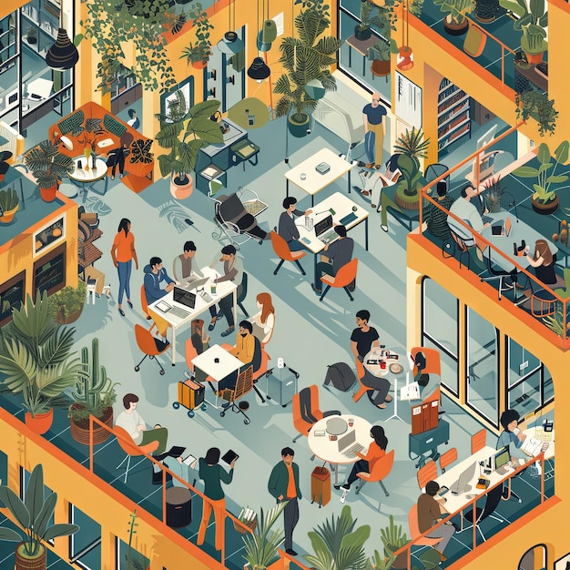 an illustartion of a coworking with a lot of people