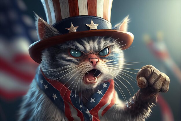 Illustation of angry cat pointing wait finger like uncle Sam vote concept AI