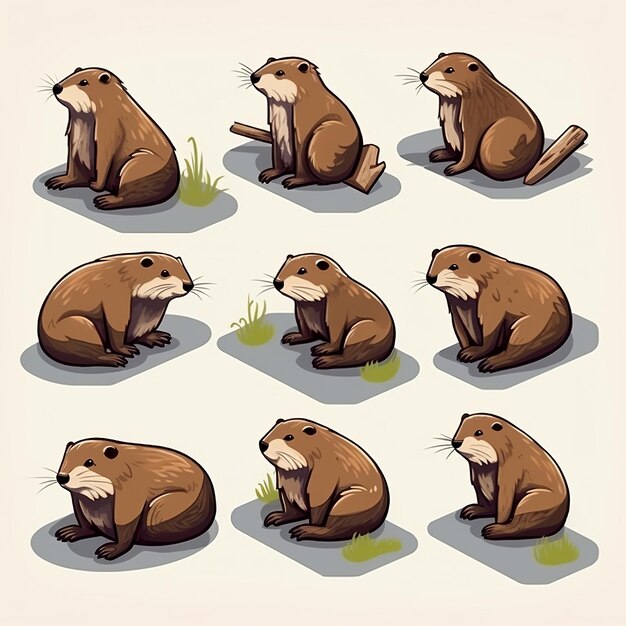 Illustraition of cute flat beaver icons set sticker isometric