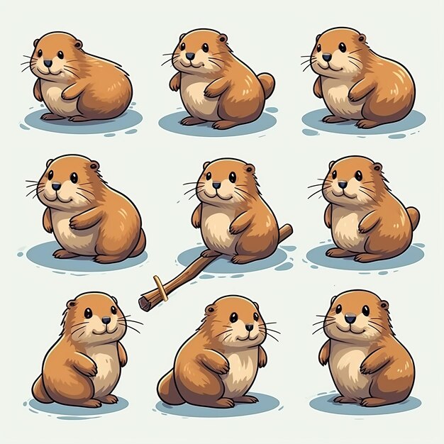 Illustraition of cute flat beaver icons set sticker isometric