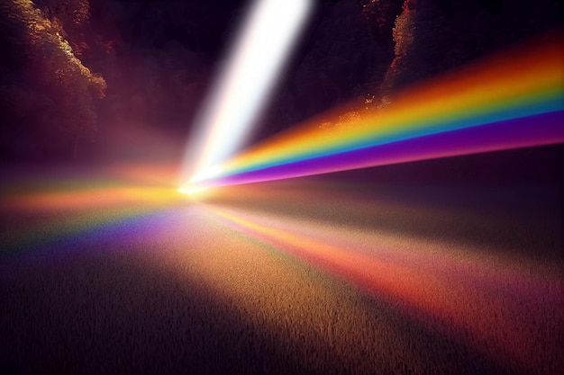 Illustrarion of a ray of light hits the ground and is reflected by a rainbow prism in forest