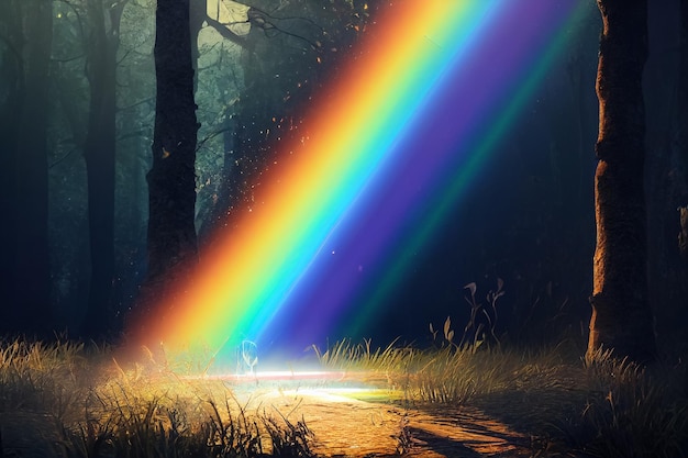 Illustrarion of a ray of light hits the ground and is reflected by a rainbow prism in forest