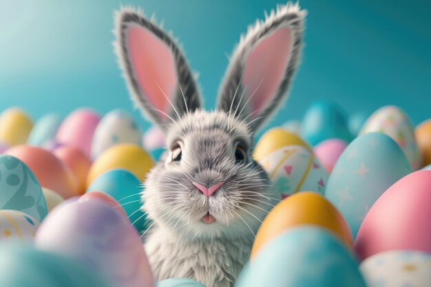 Иллюстрация милого пасхального кролика с красочными пасхальными яйцами на одноцветном синем фоне