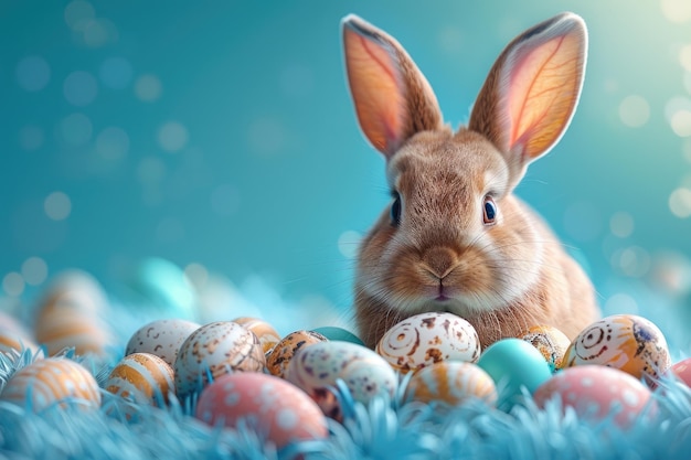 Illustrastion of cute Easter bunny with colorful Easter eggs on a monochrome blue background