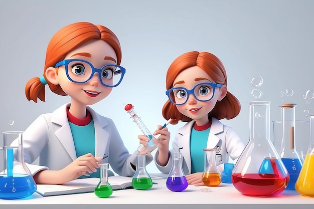 Illustratation of isolated two girls study chemistry on white