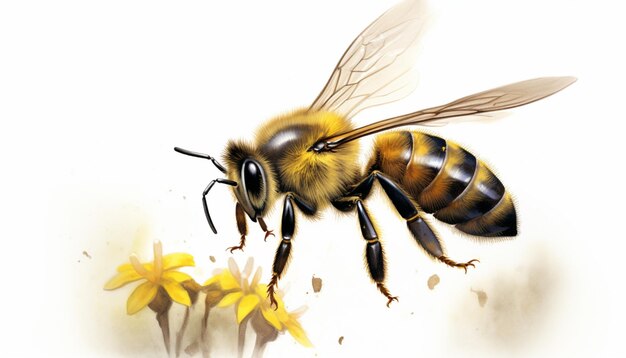 Illustrate a bee with prominent pollen baskets on its hind legs showcasing the essential role bees play in pollination This can be a great educational illustration