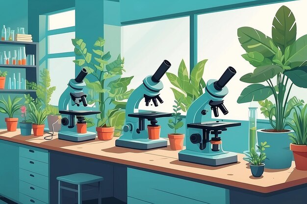 Иллюстрируйте биологическую лабораторию с растениями в горшках и микроскопами, расположенными на лабораторных скамейках.