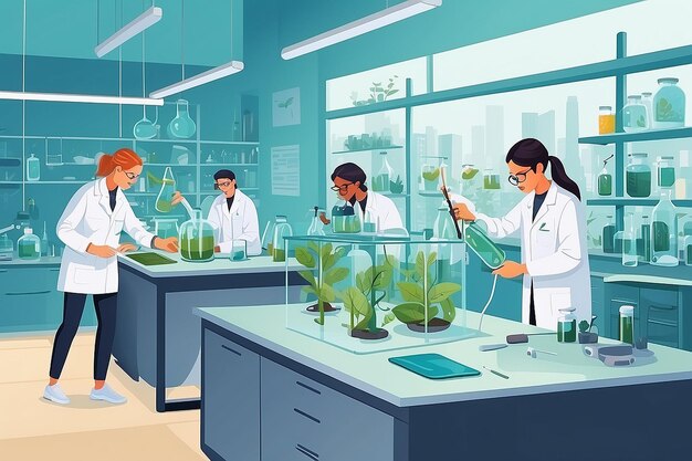 生物学実験室で生徒が気候変動が生物多様性に与える影響に関する実験を行っている様子を平らなスタイルで示す