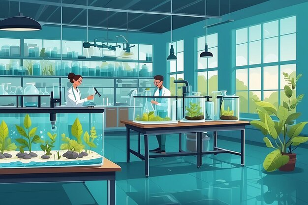 Illustrate a biology lab with students conducting experiments on the impact of climate change on biodiversity vector illustration in flat style