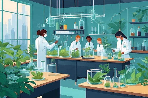 Illustrate a biology lab with students conducting experiments on the impact of climate change on biodiversity vector illustration in flat style