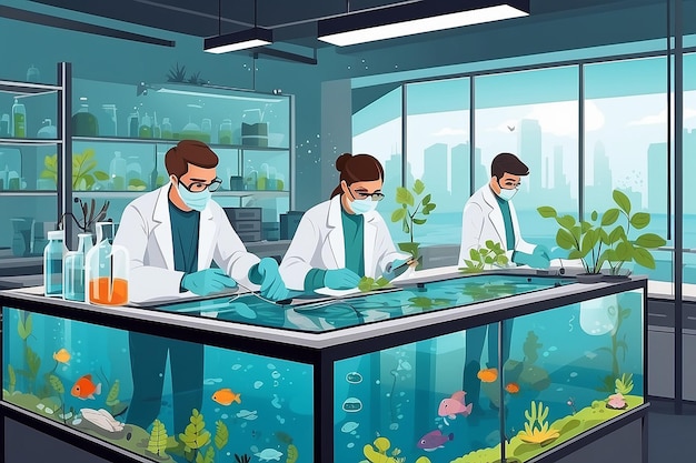 Иллюстрируйте биологическую лабораторию со студентами, проводящими эксперименты по воздействию загрязнения на водные экосистемы векторная иллюстрация в плоском стиле