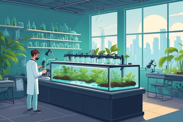 Illustrate a biology lab with students conducting experiments on the impact of pollution on plant life vector illustration in flat style