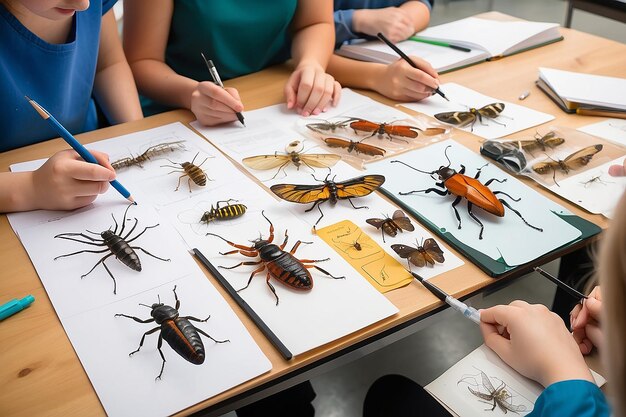 詳細な昆虫の標本を観察し,スケッチする学生と生物学実験室を例示してください