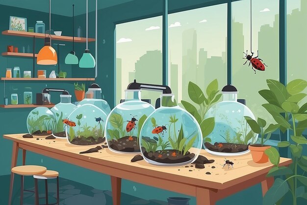 Illustrate a biology lab with students studying the effects of climate change on insect populations